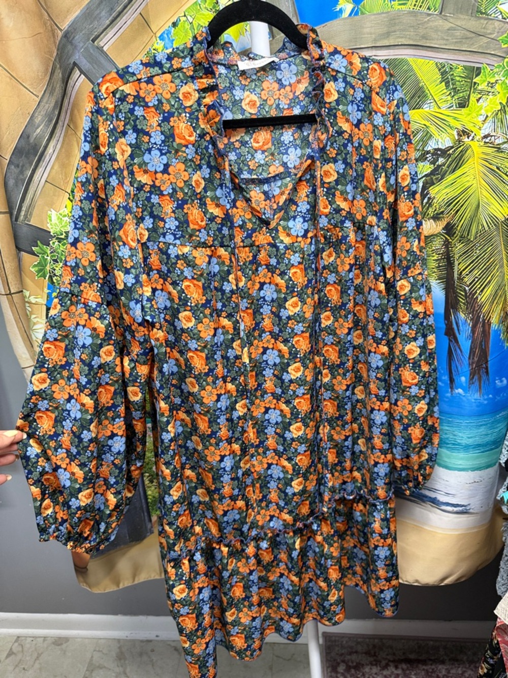 Kirundo Floral Boho Tunic Dress in Navy with Orange & Blue Flowers